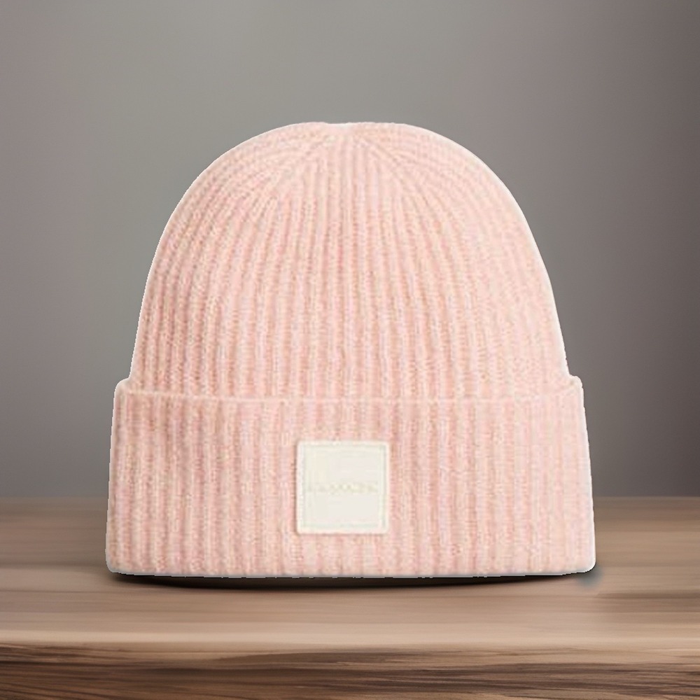 COACH Peach Chalk Colorblock Beanie Rubber Patch Merino Wool Alpaca CCN83 NEW
